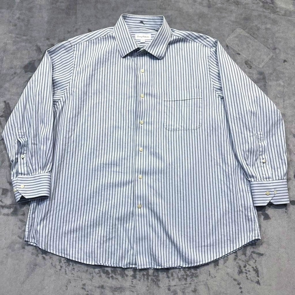 Tommy Bahama Men's Dress Shirt 17.5 32-33 Blue Gray Stripe Long Sleeve Button Do